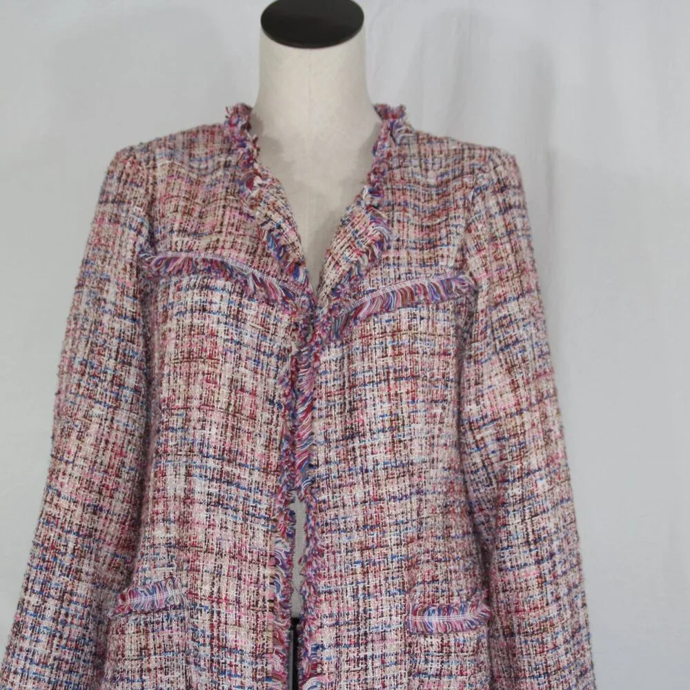 Laundry By Shelli Segal Fringe Pink Tweed Walker Coat Outerwear L Open Blazer - Picture 3 of 9